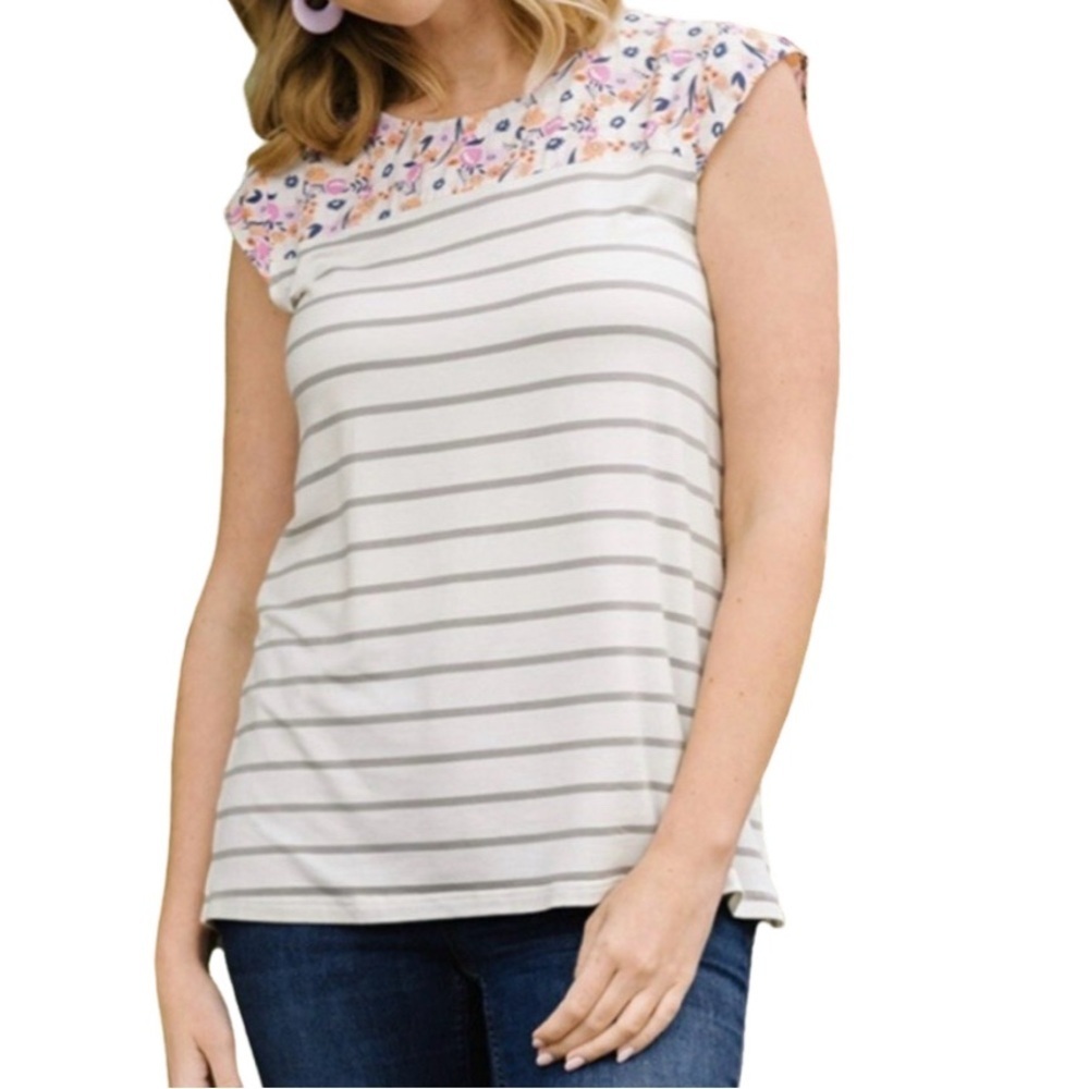 Matilda Jane Let’s Go Together Pink Floral and White Striped Blouse. Size M.